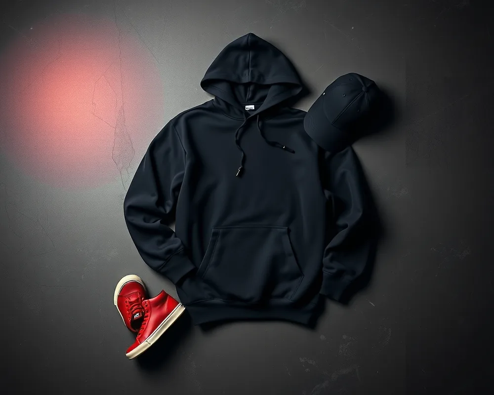 Buzo negro y zapatillas rojas de BAJADA